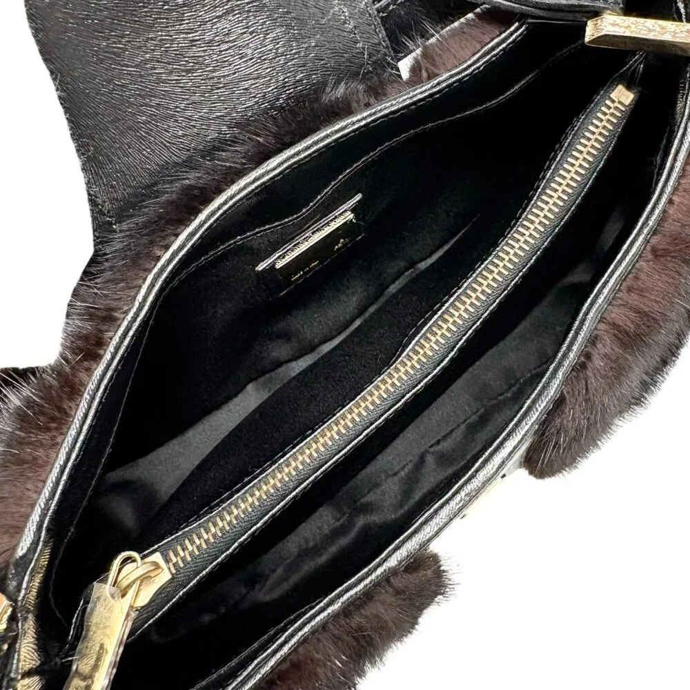 FENDI Vintage Logo Fur Baguette Mini Shoulder Bag Handbag Black Gold [106345] - Picture 11 of 13